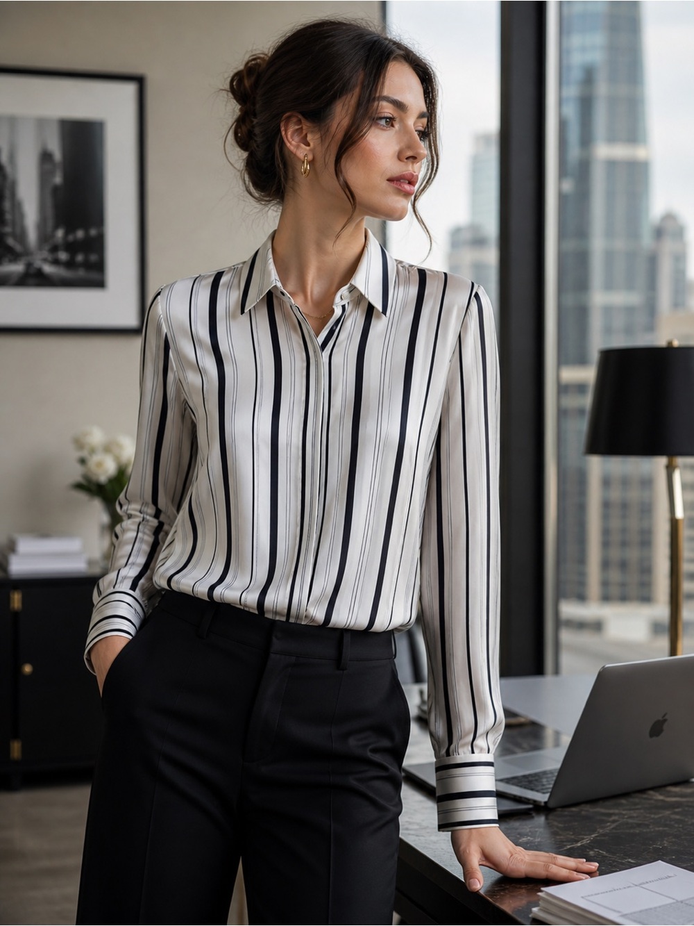 Club Monaco Silk Stripe Button Front Blouse White Black Long Sleeve Size XL